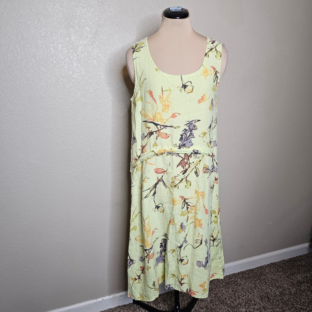 Habitat 100% Linen Floral Sleeveless Midi Dress yellow green Size Small USA‎